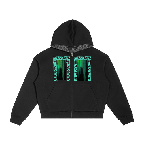 Contrast Plaid Boxy Zip Hoodie